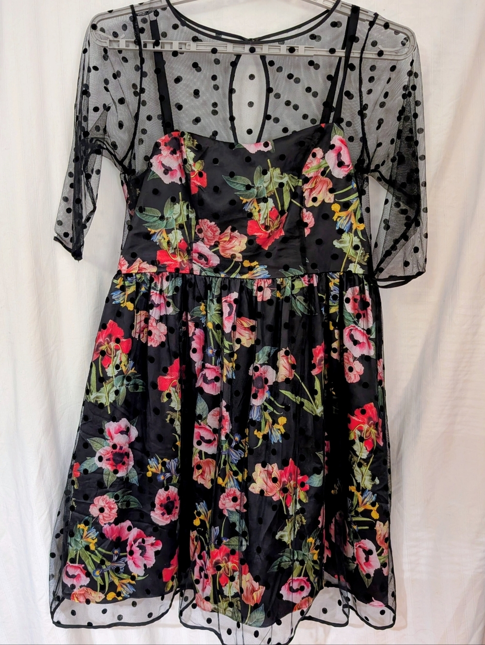 City Chic Black Floral Midi Dress with Sheer Polka Dot Overlay